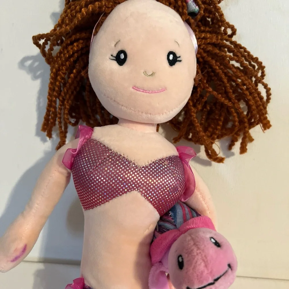 The Petting Zoo Pink Fin Mermaid Brown Skin Brunette Hair Turtle Pet Plush 17 “